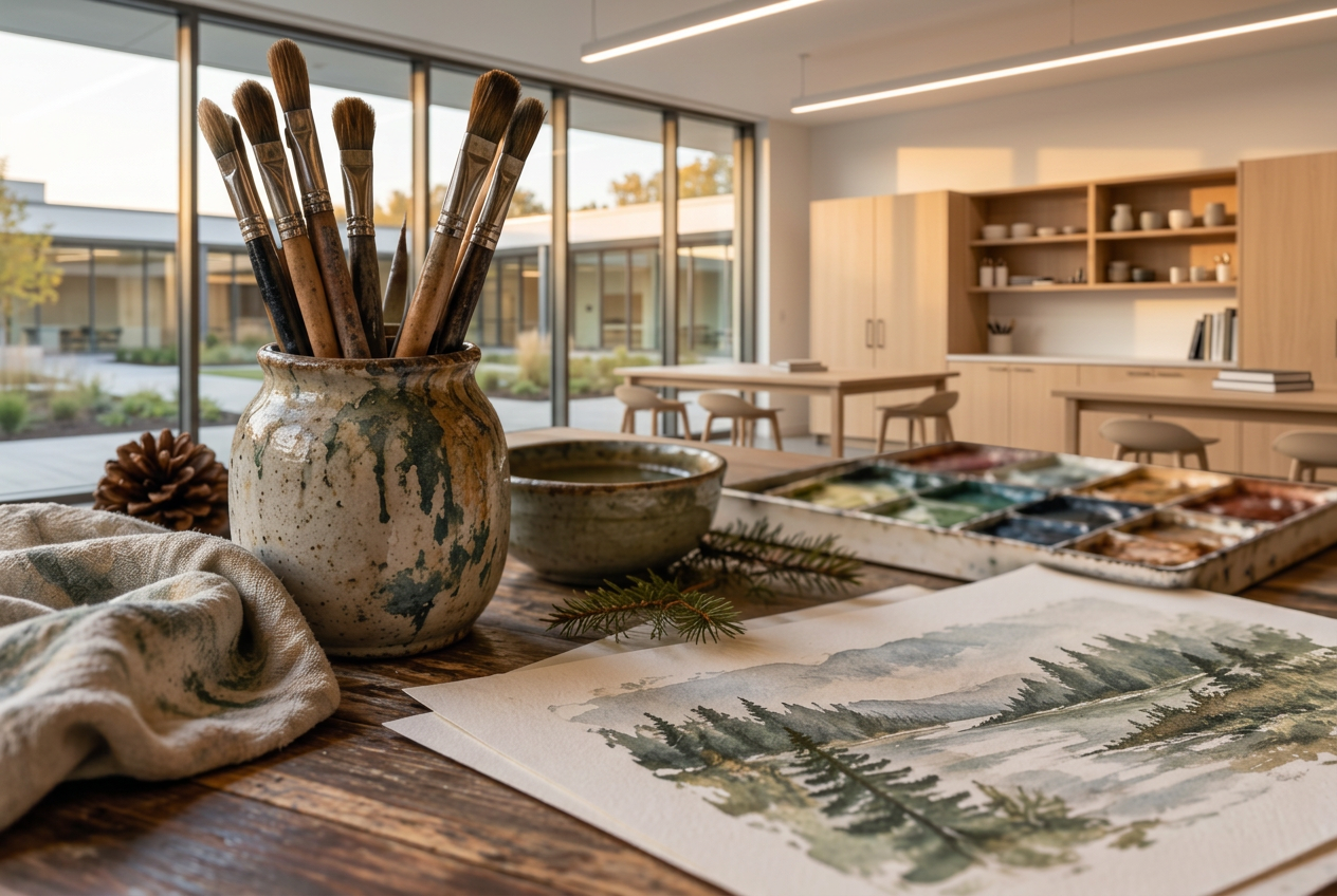 Art materials in a modern glass-walled high-school studio with pale oak cabinetry and linear lighting