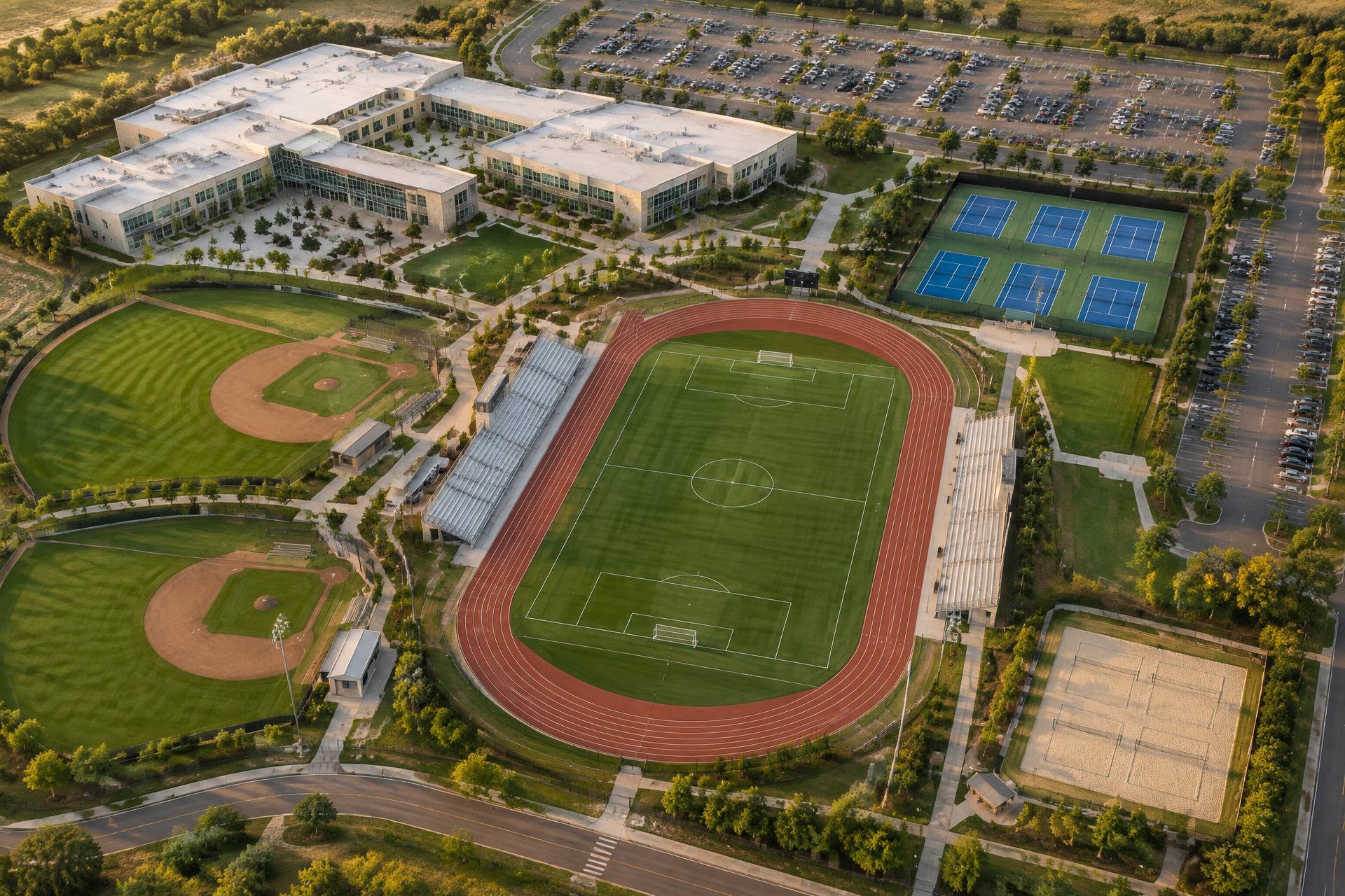 Birds-eye view of a modern high-school campus: glass-fronted school buildings, two baseball fields, a stadium with a shared oval track and soccer field, six tennis courts, parking lots and sand volleyball courts
