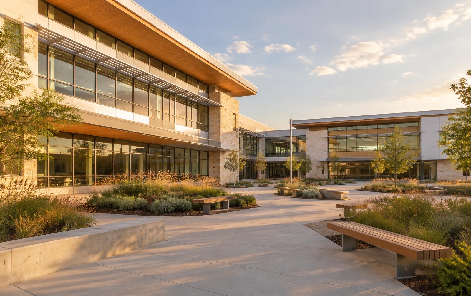 Modern glass-fronted high-school buildings and landscaped courtyard in golden afternoon light