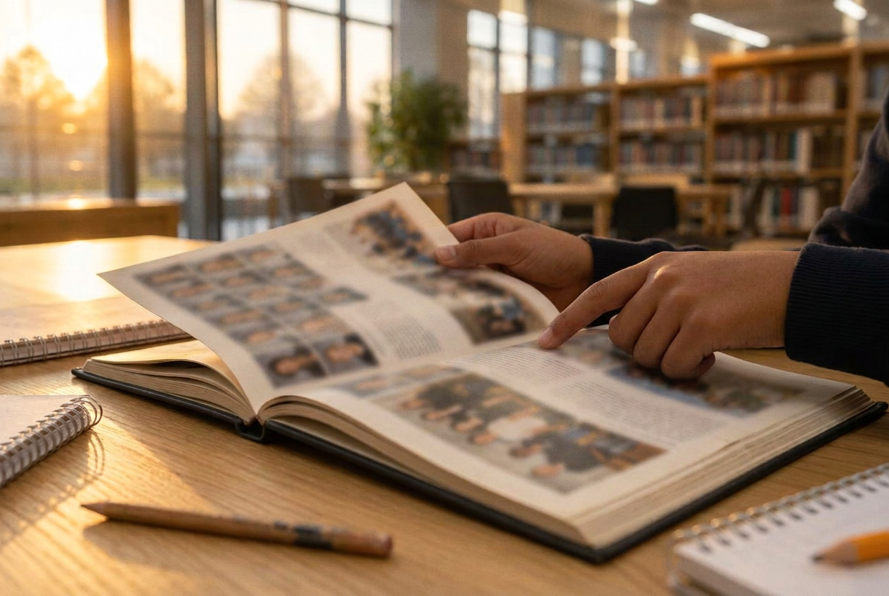 Real hands gently holding a well-worn, open yearbook in soft natural window light