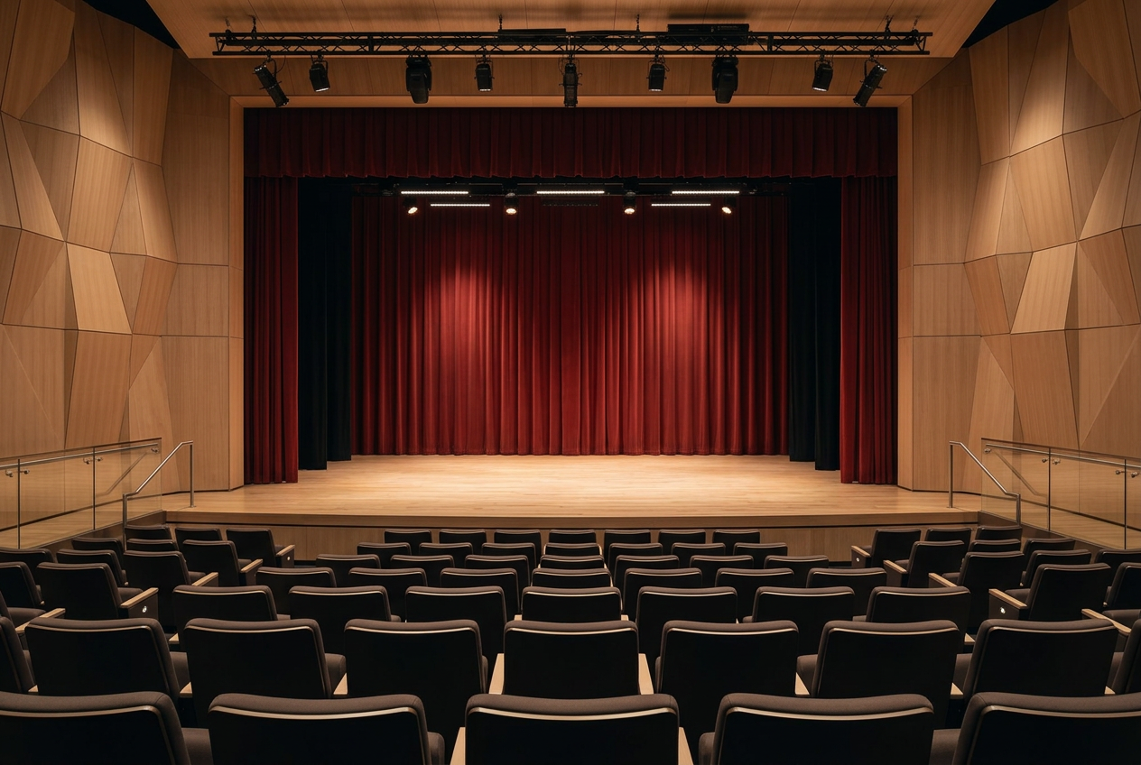 A contemporary high-school auditorium with timber acoustic panels and modern stage lighting