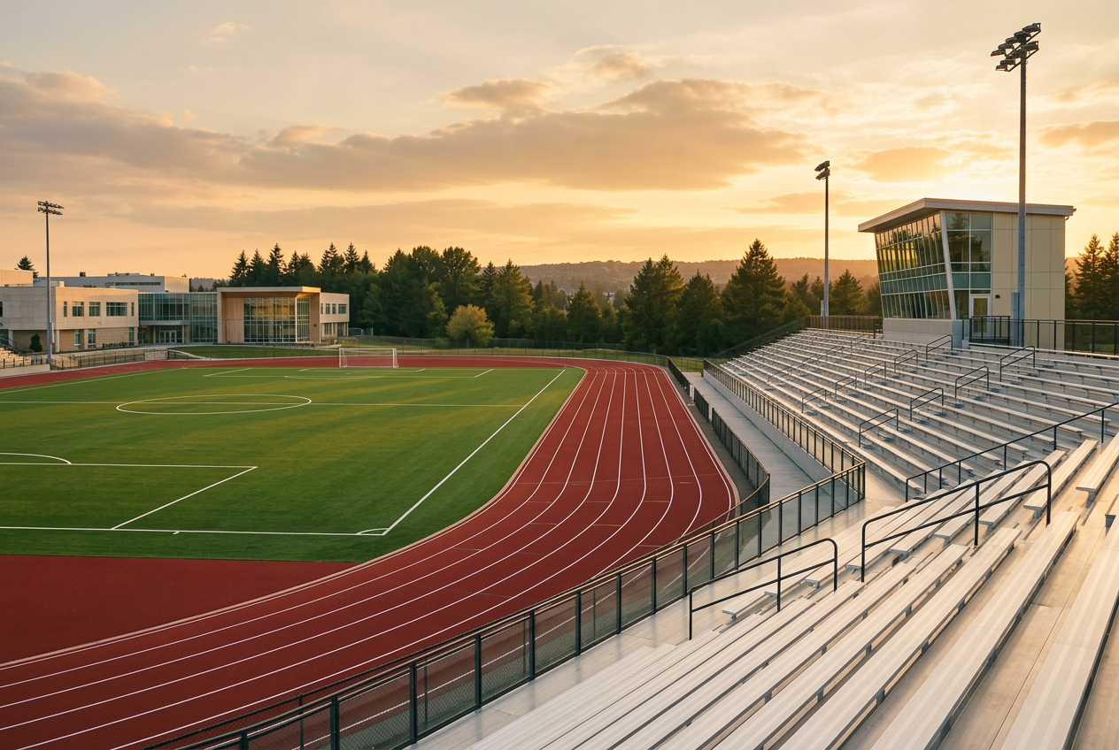Contemporary high-school stadium with aluminum bleachers and a track around a shared soccer field